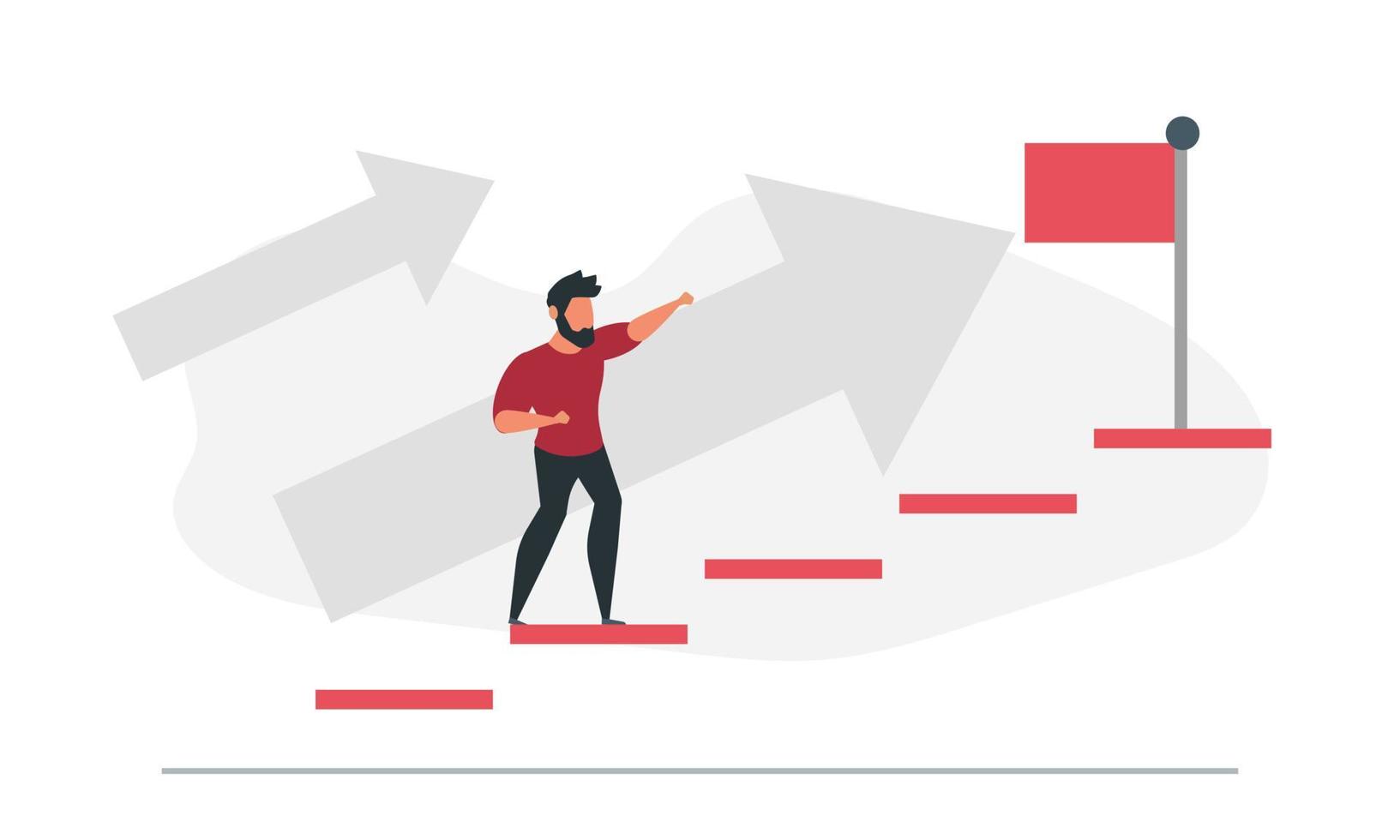 hombre de negocios sube las escaleras para tomar la bandera. concepto de negocio en la ilustración de vector de proceso