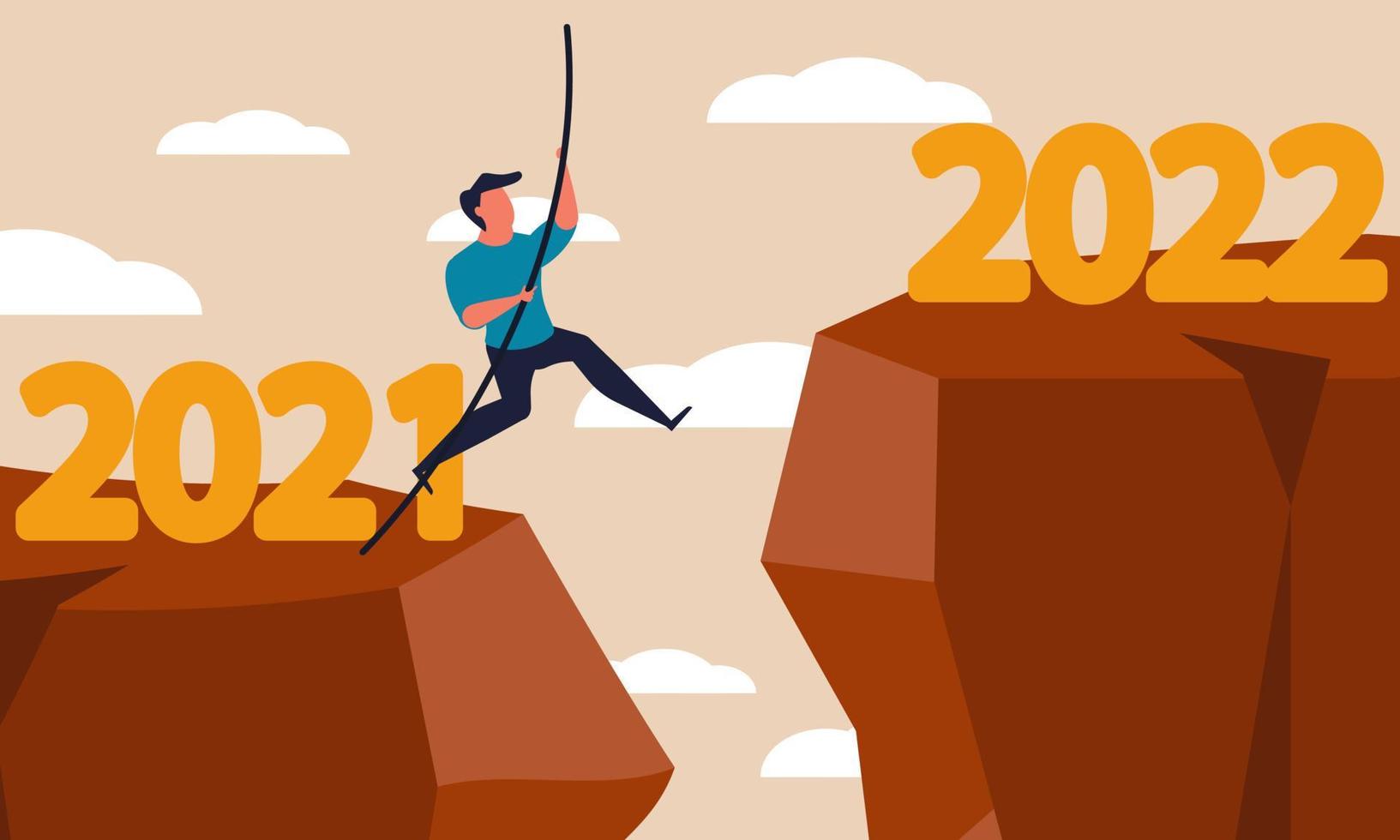 New resolution year 2022 and finish 2021. Business transition finally change and human hope recover vector illustration concept. Mountain cliff and man jump to future opportunity. Beginning freedom