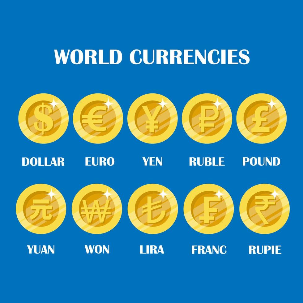 World currency coin sign set of different countries such as dollar, euro, ruble and others. Vector illustration collection of currencies icon coin