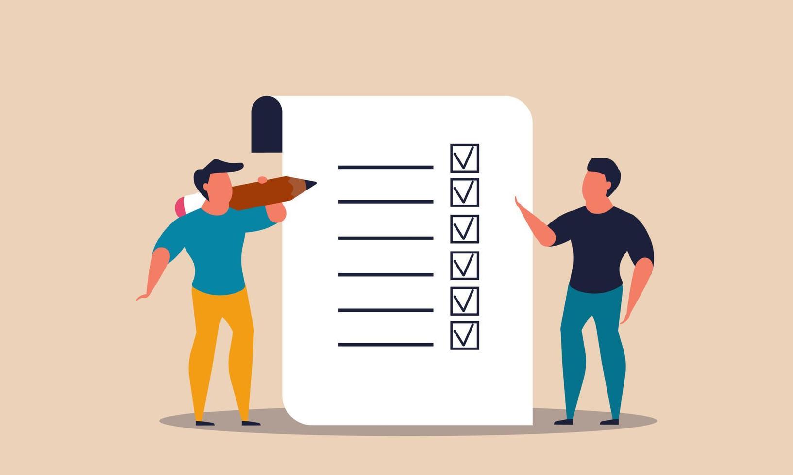 Document list plan with people and man check task. Completion checklist and choose duty leadership vector illustration concept. Office test report and questionnaire survey. Successful management note