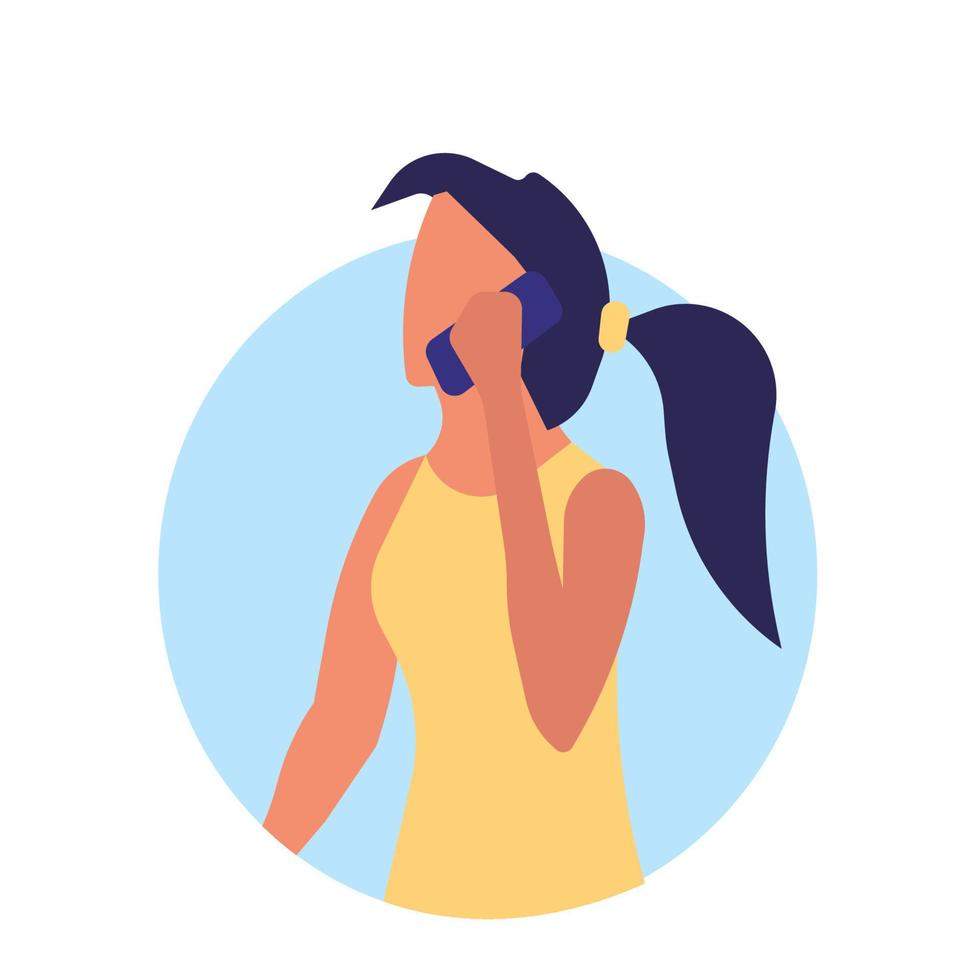 mujer con icono de tecnología de ilustración de vector de teléfono. negocio móvil y comunicación carácter femenino. llamada de empresaria en dispositivo y red parlante. teléfono móvil de trabajo y conversación feliz humana