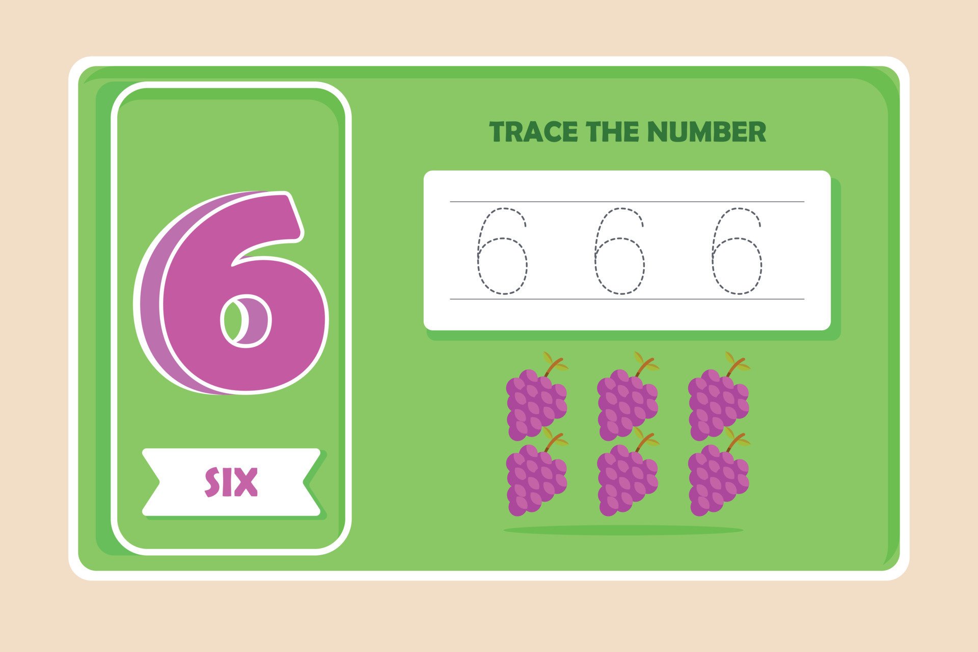 Number six tracing practice worksheet with 6 grape. Training write and