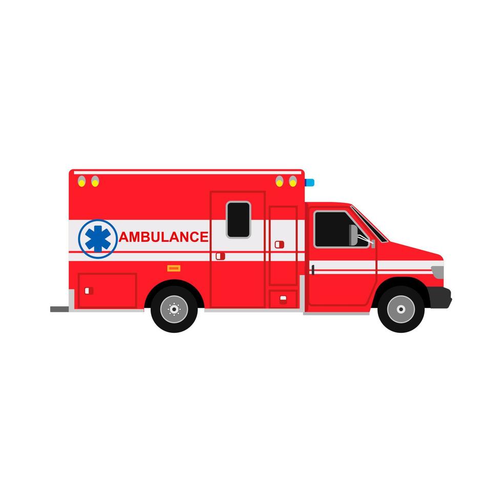 Ambulance van flat vector side view. Help emergency auto red transportation rescue