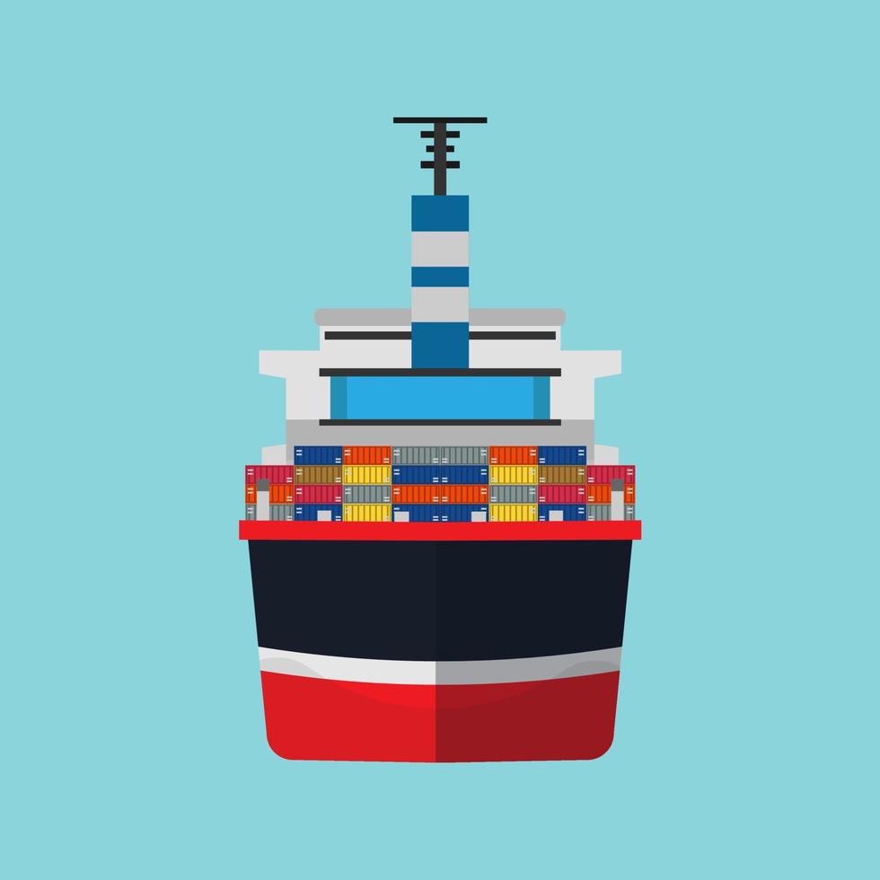 Cargo ship vector flat icon container transportation. Delivery boat front view industry vessel export. Ocean tanker global worldwide