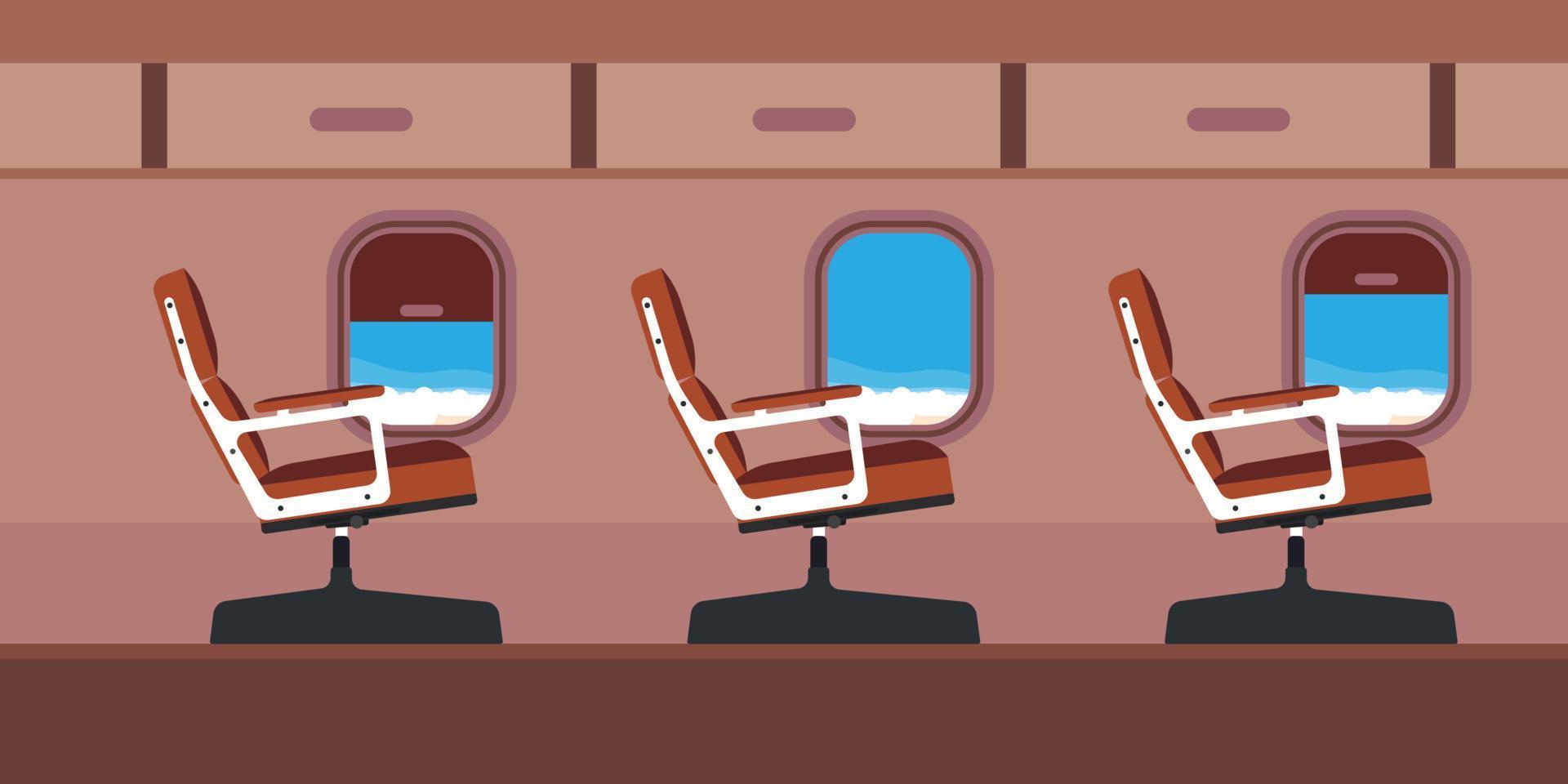 vector de ilustración de asiento de pasajero de cabina de avión. jet interior de dibujos animados de aviones de viaje azul con ventana. silla plana dentro del pasillo del salón de clase económica. recorrido en avión.