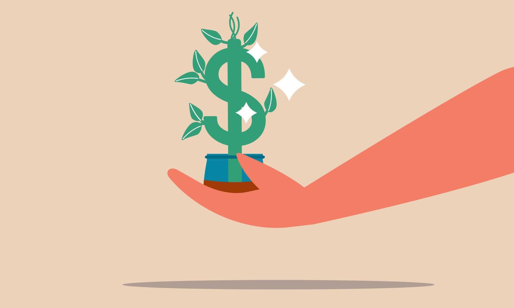 Dollar green plant on hand and money profit income. Investment rich and return earnings vector illustration concept. Financial growth and economy currency deposit. Sprout capital idea and stock market