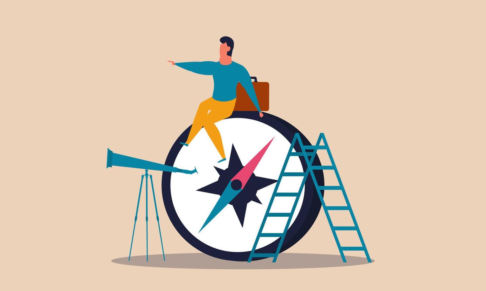 Business discovery and leader man journey. Strategy executive navigation way and compass arrow vector illustration concept. Future vision mission and looking navigate for motivation. Target planning