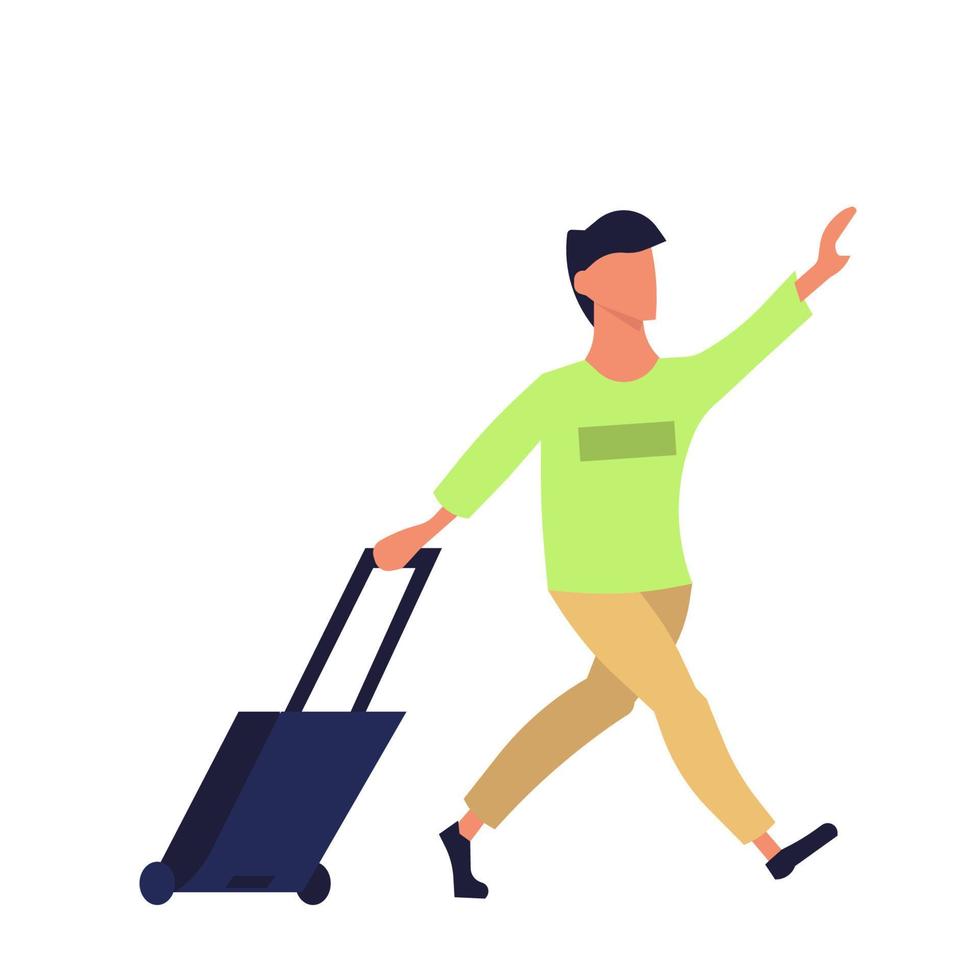 hombre con equipaje de viaje y equipaje de vacaciones. turismo de viaje de pasajeros y turismo vacacional. caricatura de hombre de negocios de salida y viajero que lleva la llegada. aventura de estilo de vida de verano y viaje masculino vector