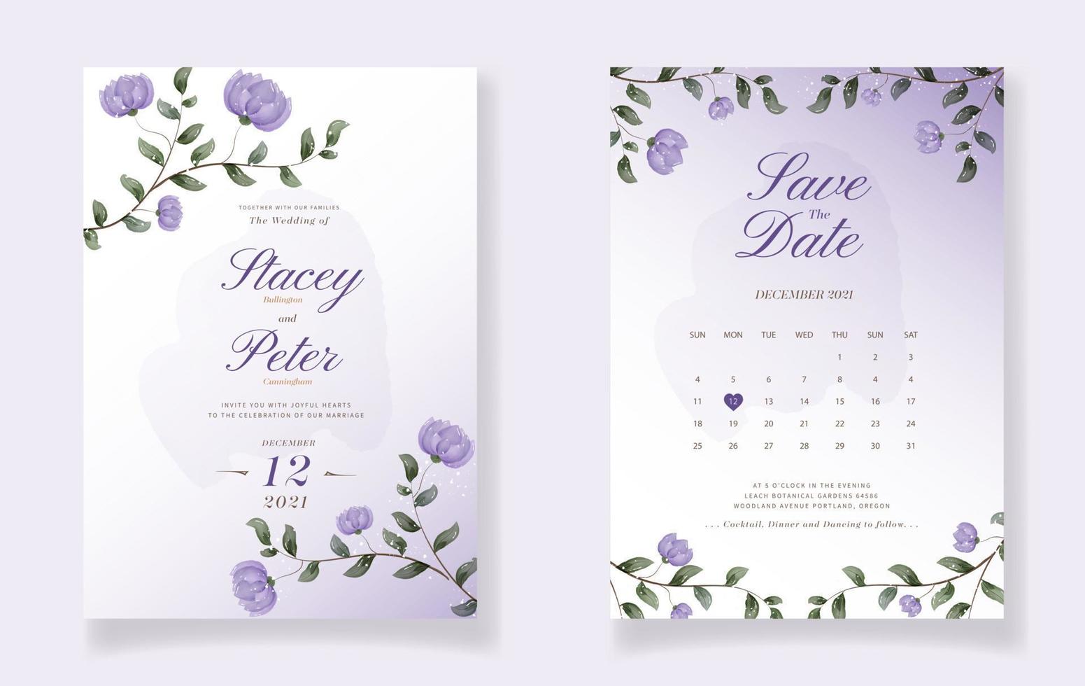Vector wedding invitation with purple watercolor flowers.