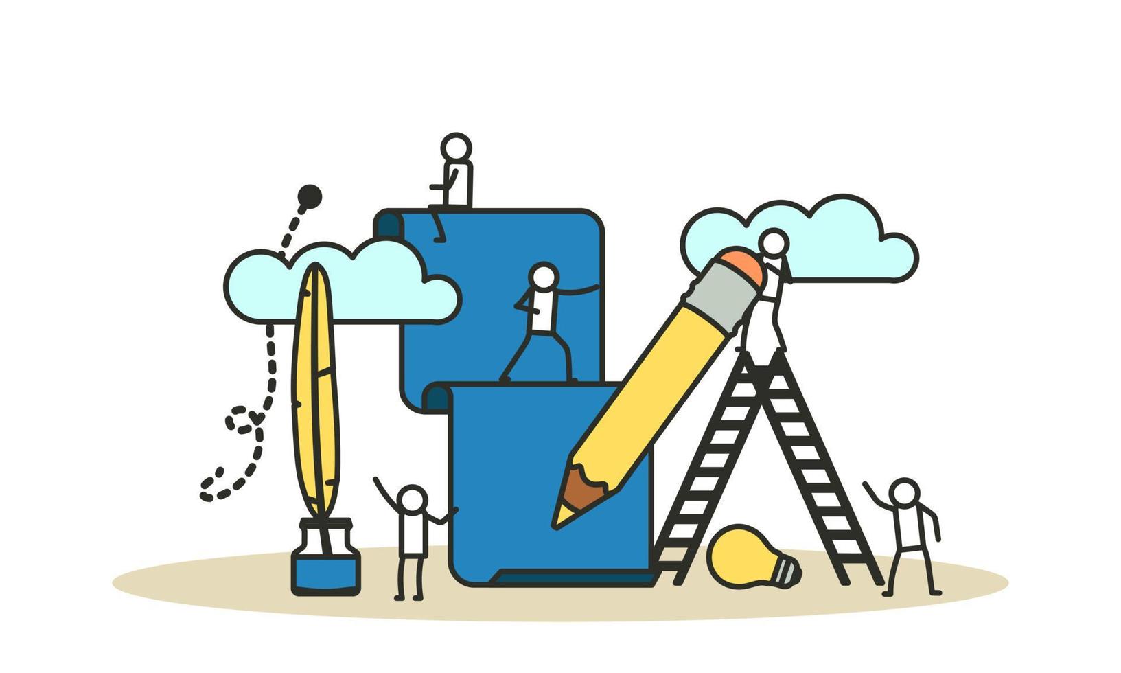 Financial community man and woman idea business concept with pencil and light bulb vector illustration. Flat character team partnership company assistance support. Success work banner solution office