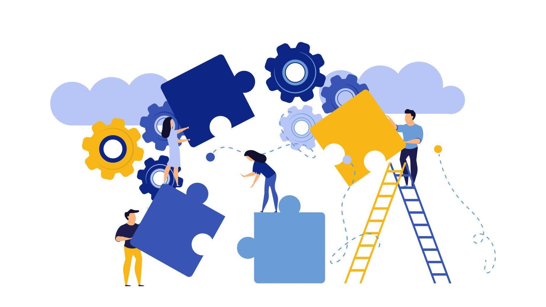 Puzzle together vector concept business jigsaw piece illustration teamwork solution idea. Connect background group success design. Solve problem work cooperation element part strategy