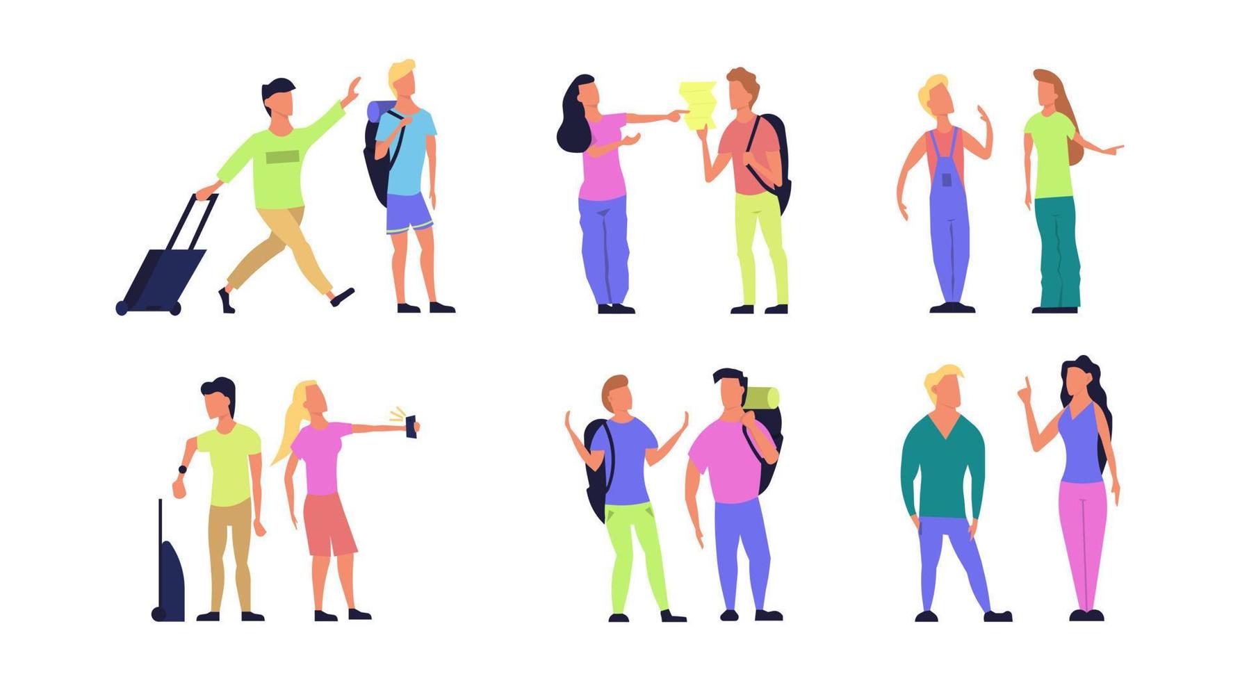 Travel tourist vector people flat illustration. Character vacation journey set. Couple trip icon adventure with backpack, phone. Happy summer element concept. Holiday collection isolated man and woman