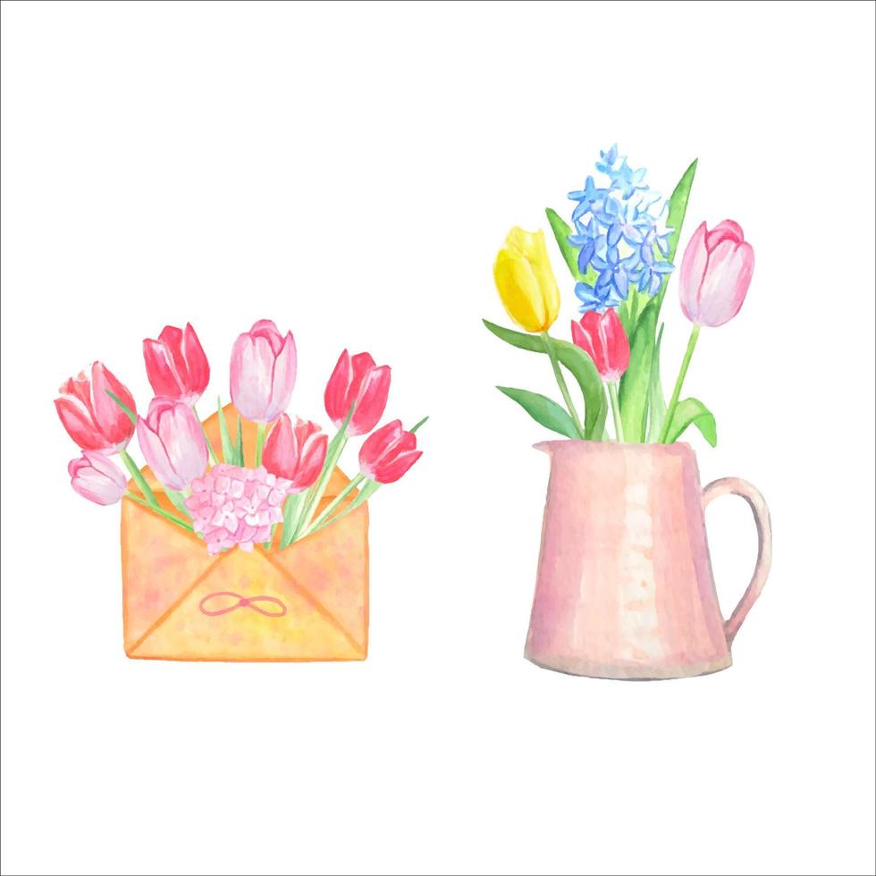 ramo de tulipanes en un sobre, flores en una jarra, ilustraciones de acuarela vector