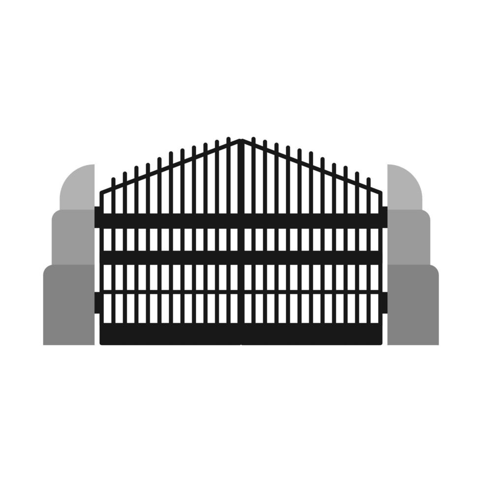 Gate with iron fence door and metal cartoon manor decoration. Front entrance from ironwork grid vector illustration. Old lattice wrought and classic frame ornament for park. Security steel structure