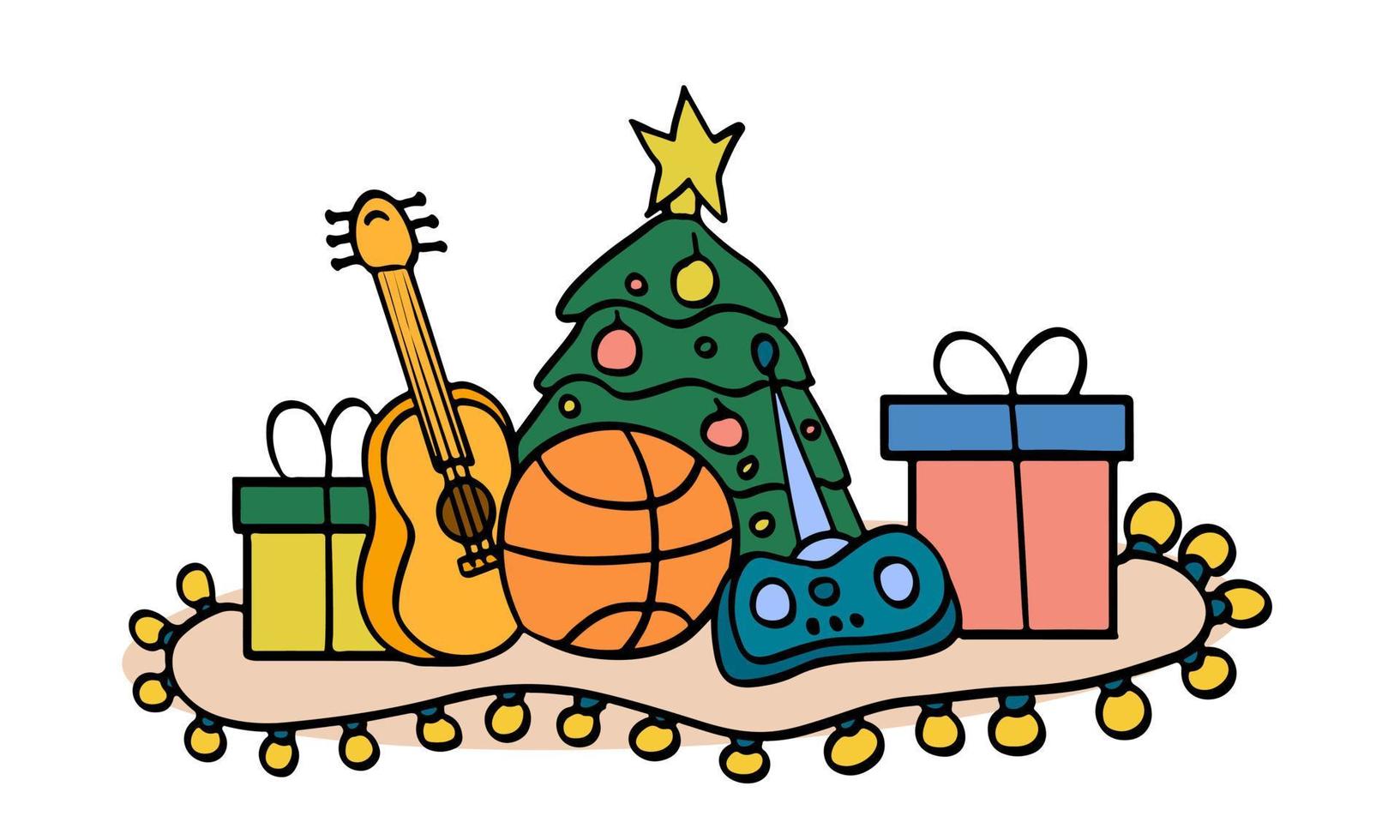 Hand-drawn Christmas toys doodle colored. Gifts for the new year under the tree. Festive colorful vector illustration