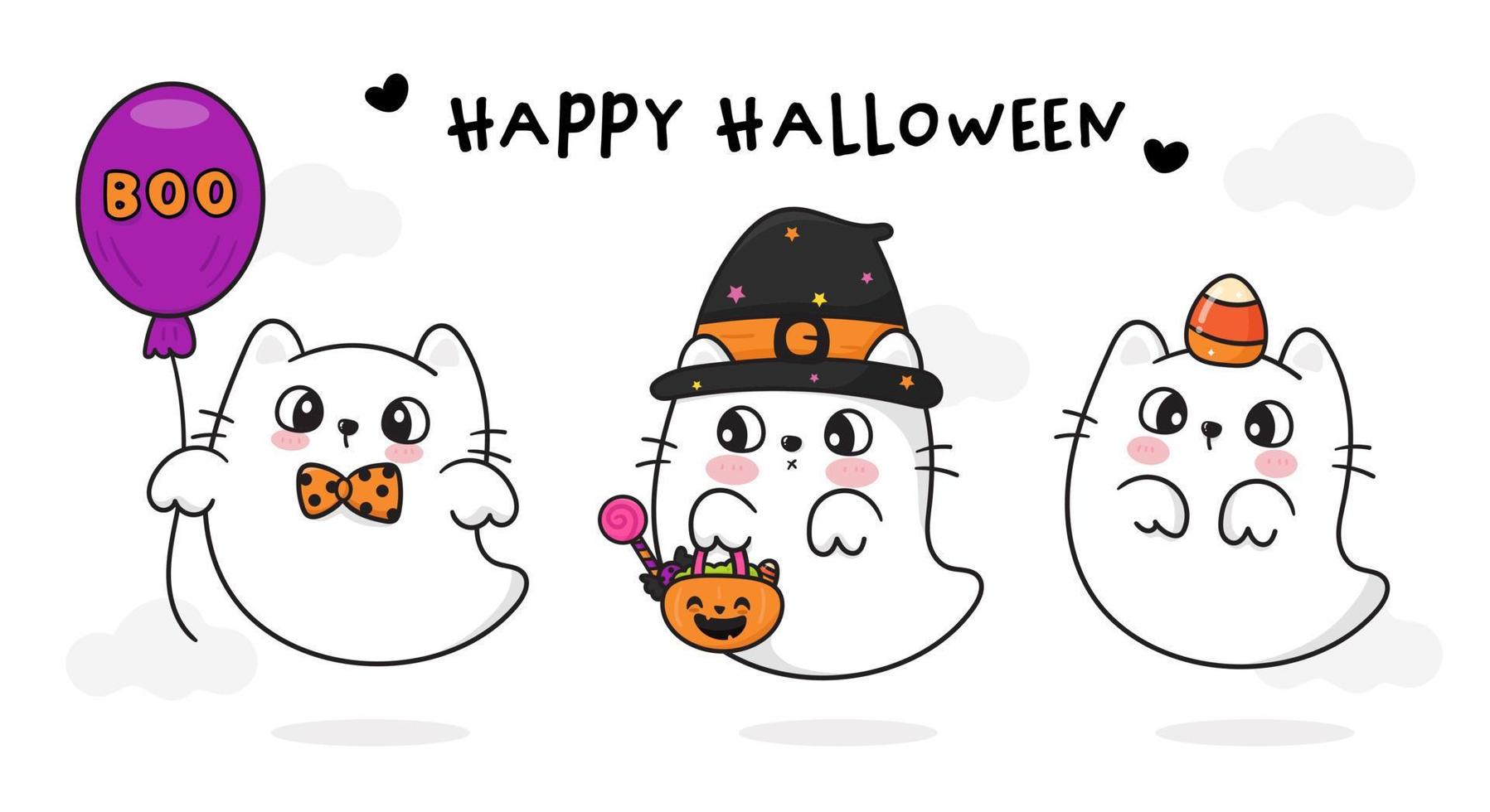 gato halloween. lindo fantasma de dibujos animados de bruja escalofriante vector
