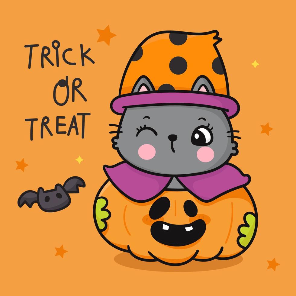 feliz tarjeta de halloween con bruja gato kawaii dibujos animados y bat vector