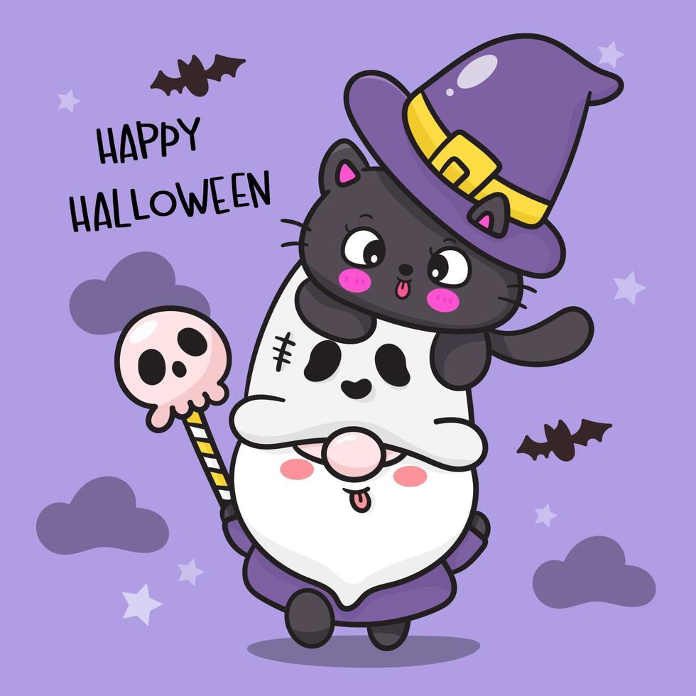 gnomo de halloween y gato bruja dibujos animados kawaii vector