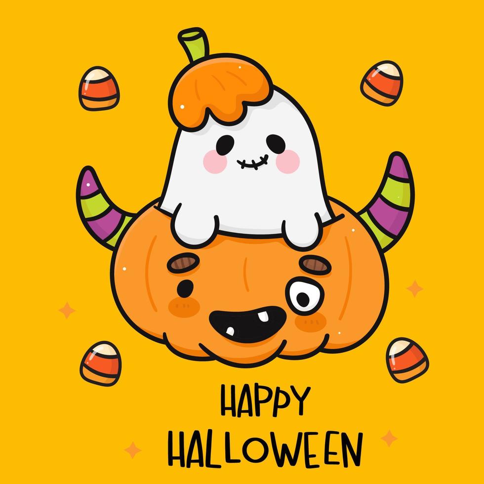 feliz halloween calabaza con fantasma kawaii cartoon vector