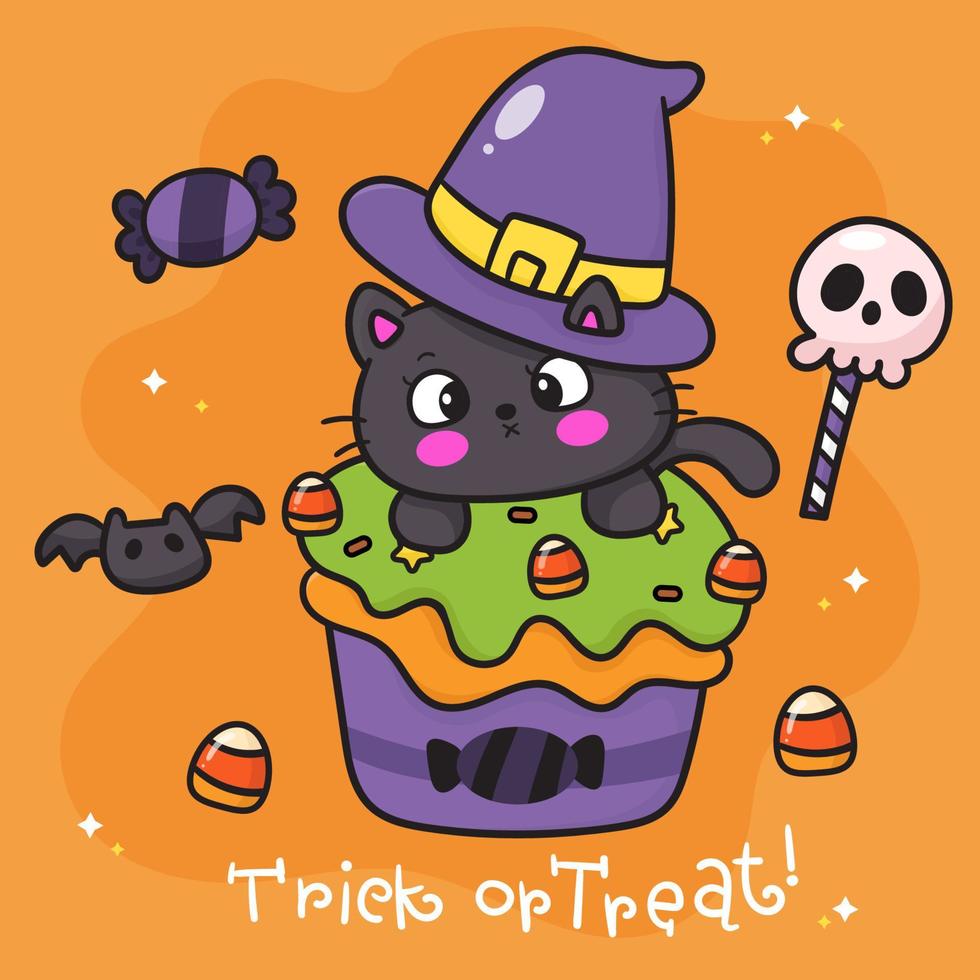 caricatura de bruja de halloween de gato con capcake y maíz dulce vector