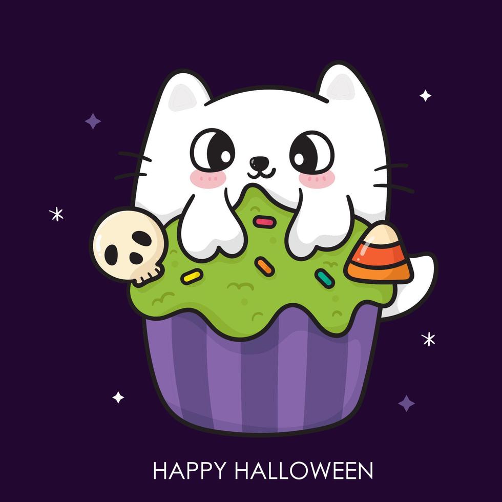 lindo gato fantasma de halloween con ilustración de cupcake espeluznante vector