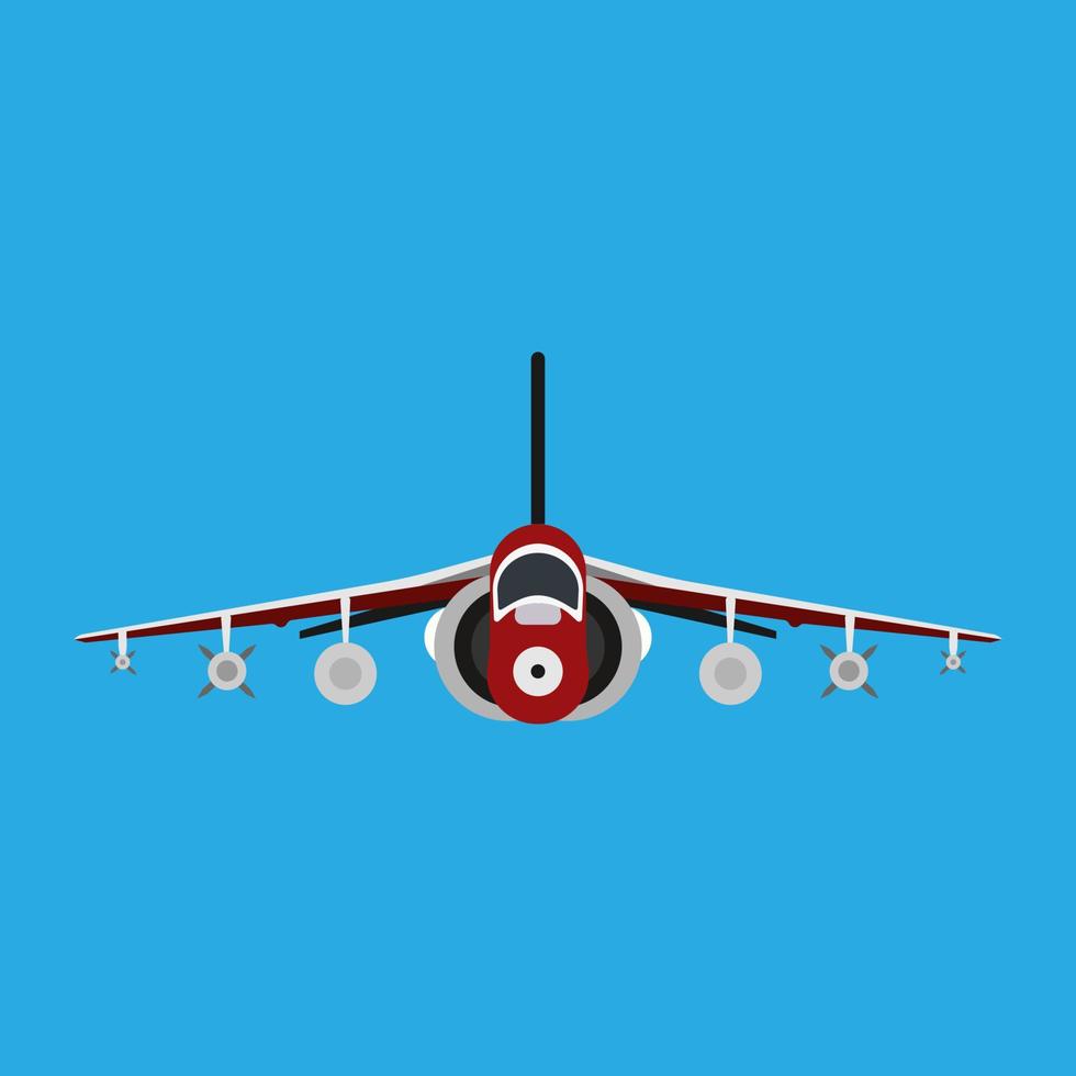 Military aircraft vector icon front view. Aviation air fighter jet. War plane advanced. Interceptor speed game navy vehicle