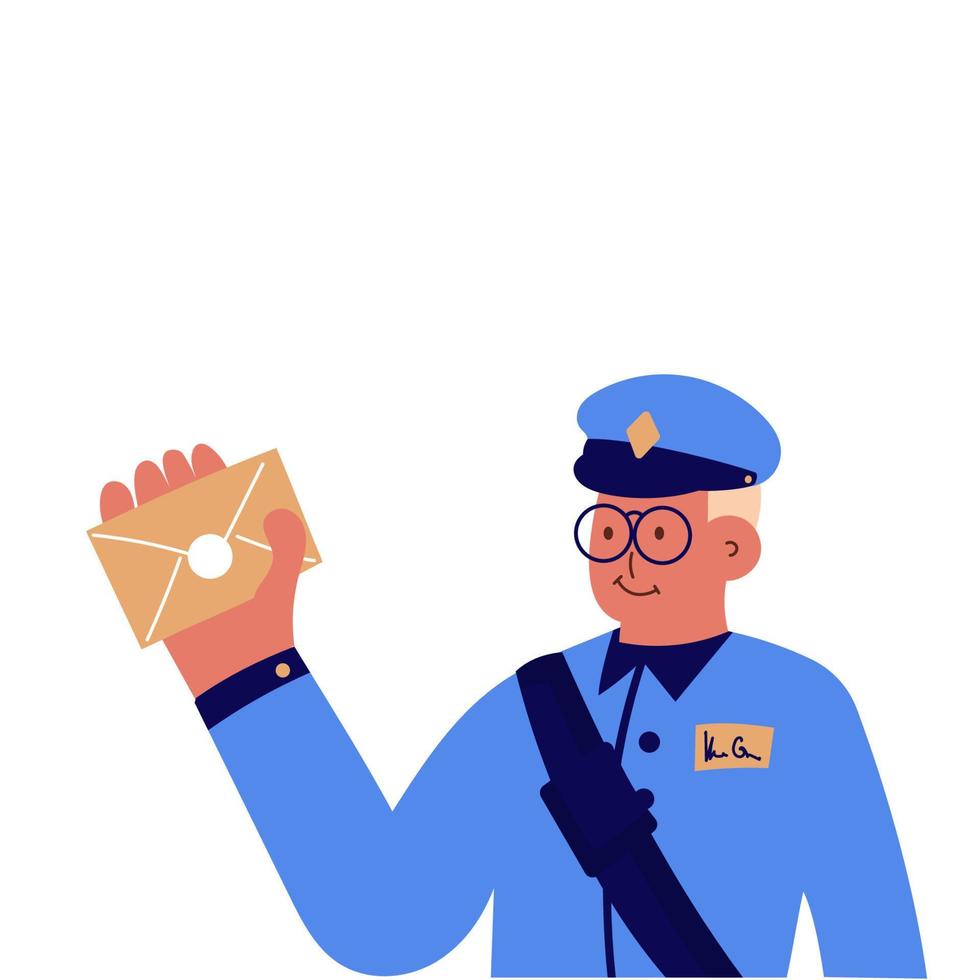 Postman office post and express service. Mailman delivery correspondence to mailbox and envelope vector illustration. Courier cartoon and documents logistics. Cheerful postal character with suit