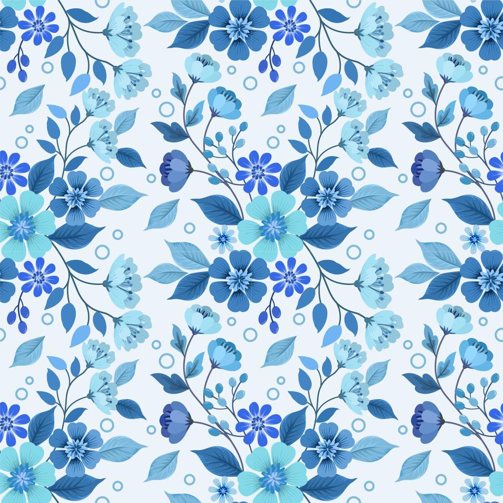 Blue monochrome flowers and leaf seamless pattern. vector