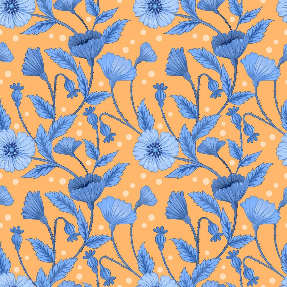 flores azules y hojas sobre fondo amarillo de patrones sin fisuras. vector