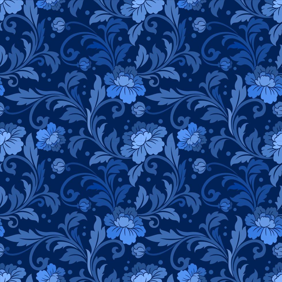 Blue ornate damask flower ornament seamless pattern. vector