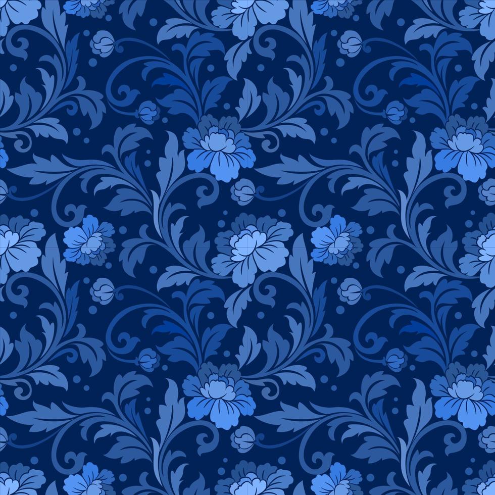 Blue ornate damask flower ornament seamless pattern. vector