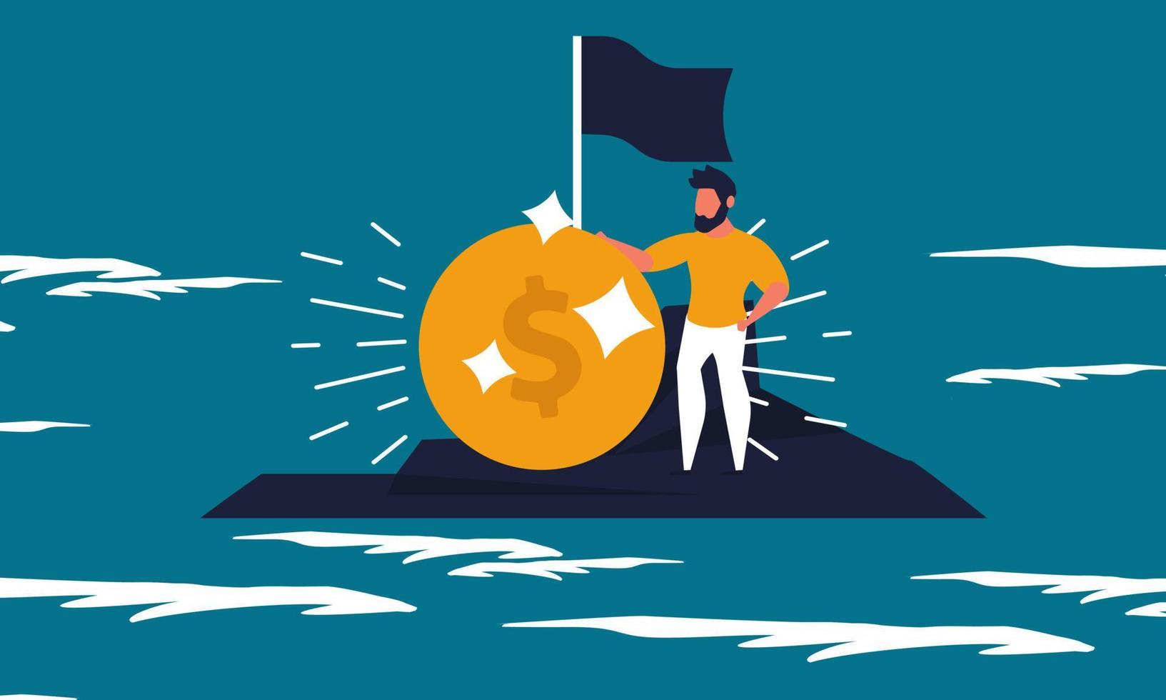 Help and guarantee to business people and financial protection of investors. Man on the island with gold coin vector illustration concept. Pandemic ocean rescue and save money guarantee global