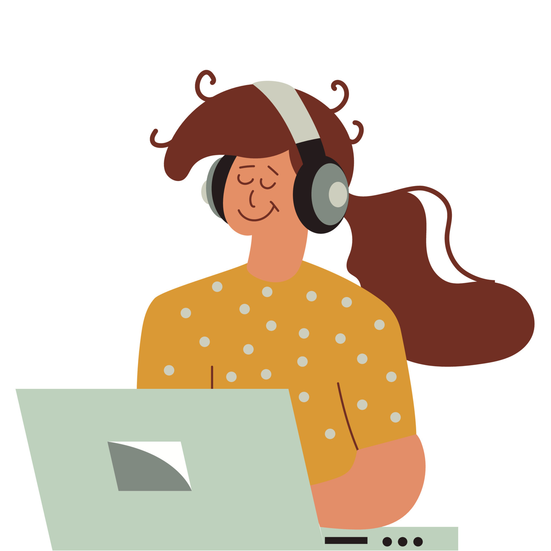 Girl listening to music on laptop and person cartoon woman illustration  with headphone. Young female character with computer and earphone listen or  lifestyle education student. Teenager using gadget 10882153 Vector Art at