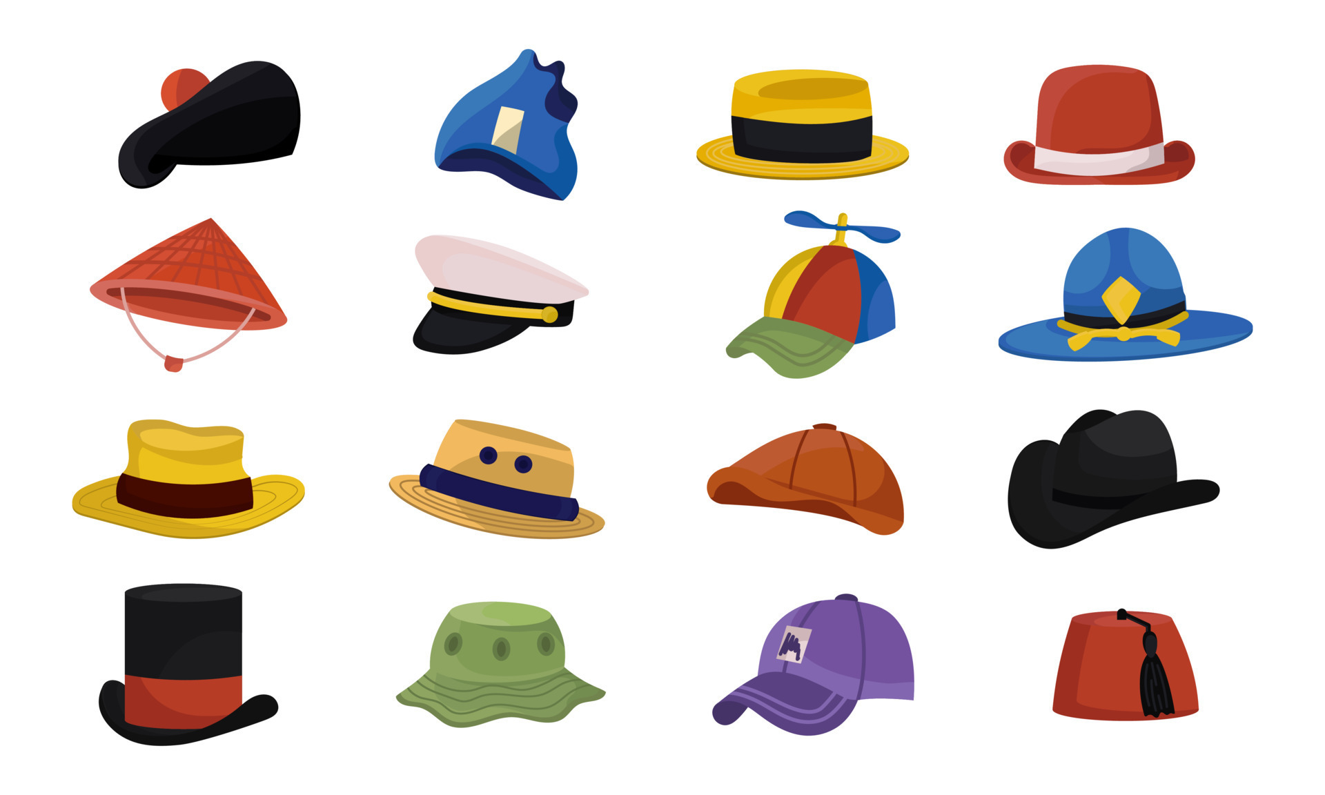 Cartoon hat trendy collection head wear. Cylinder, panama straw or cap