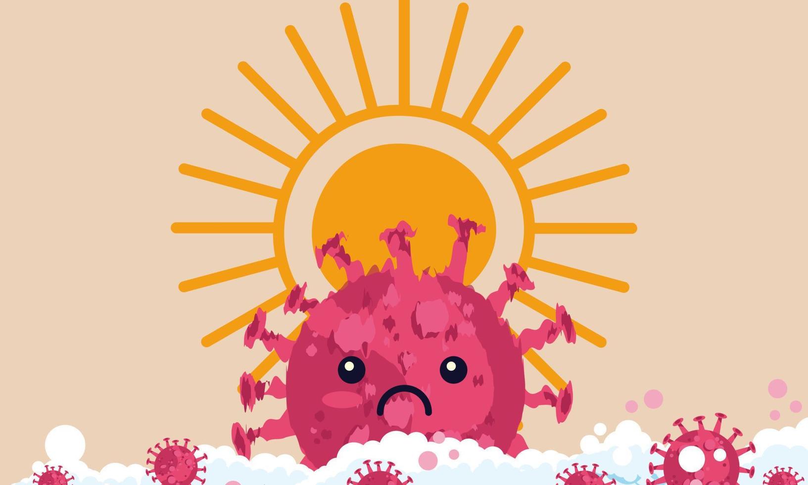 verano sol matar covid virus concepto epidemia vector ilustración. los rayos ultravioleta de la luz solar destruyen y limpian el coronavirus. esterilización microbio uvc infección. desinfectar la pandemia y detener el peligro del virus