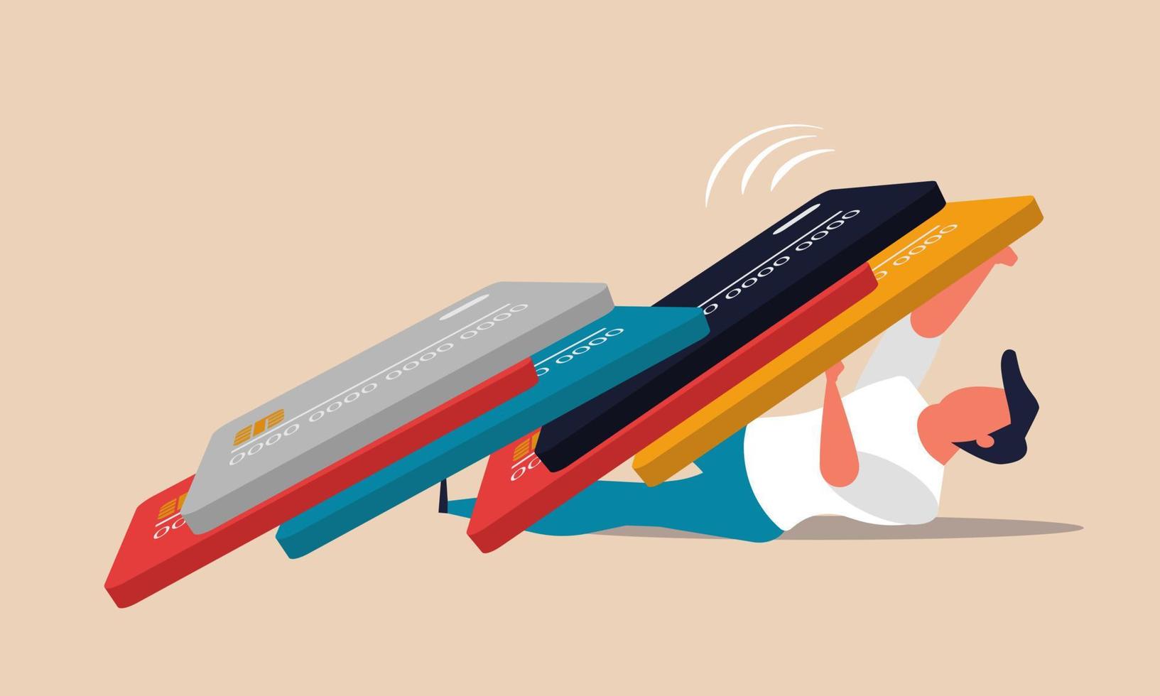 Debt spending for credit card and trouble with money. Overspending credit budget vector illustration concept. Crisis finance and problem loan. Frustrated man and spend cash difficulties for business