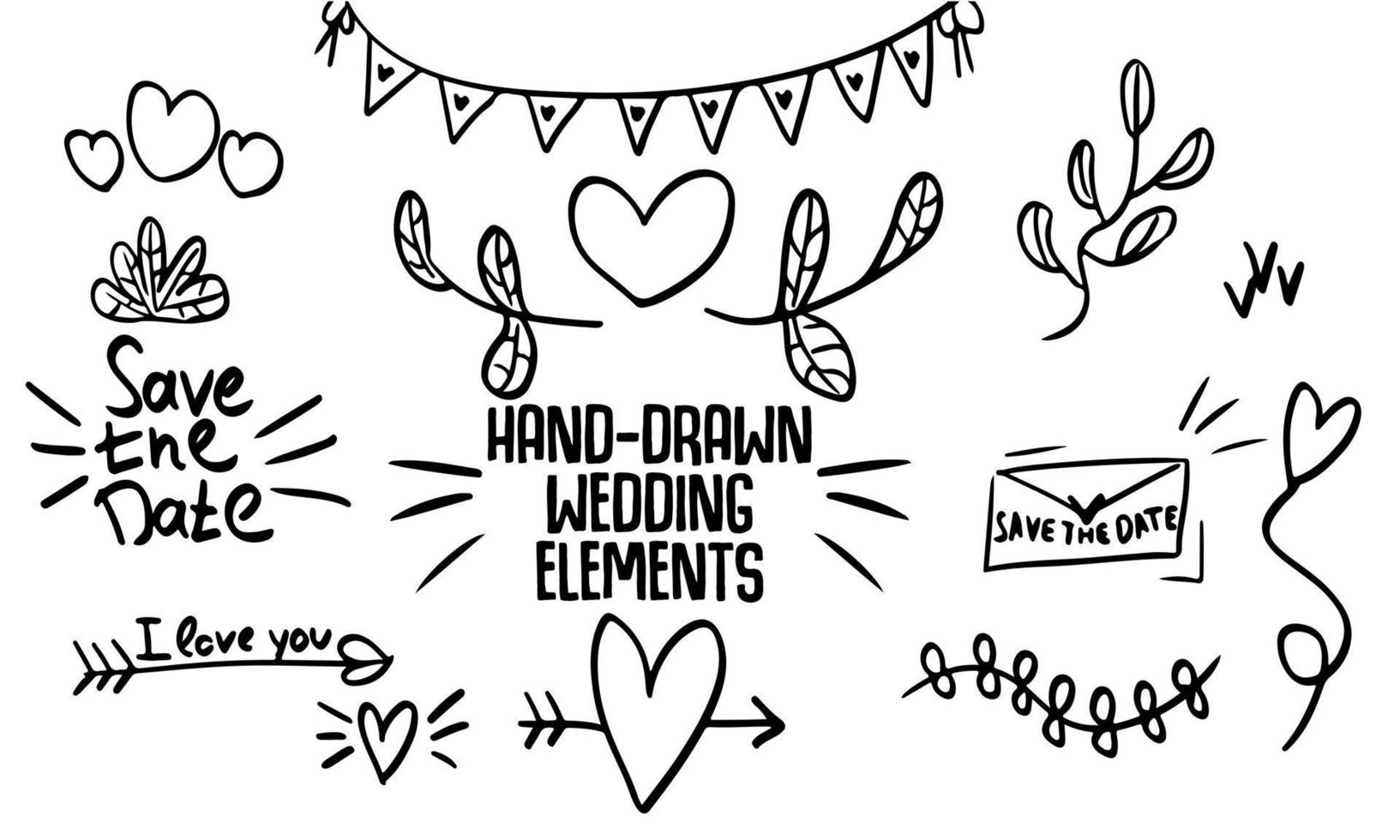 Hand-drawn lines and elements for wedding and celebration. Love doodles of beautiful set of black color lines drawn. Vector illustration shape concept