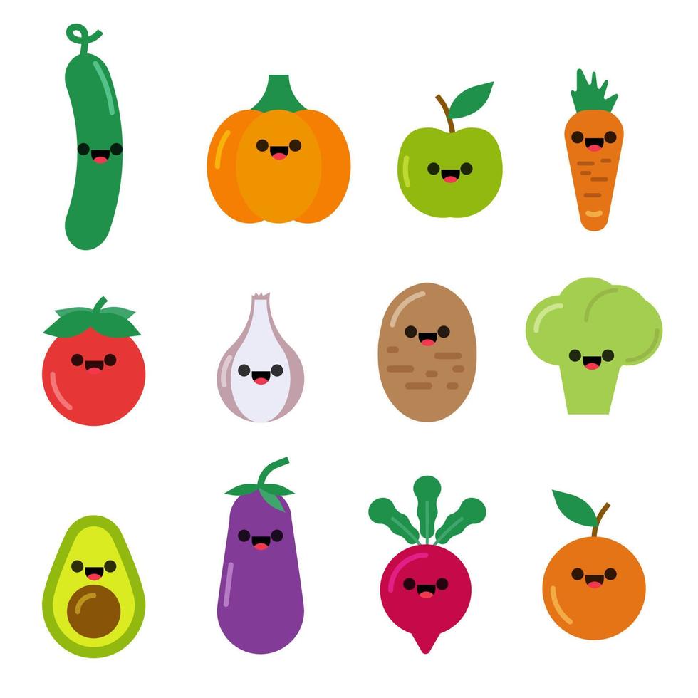 colección de bonitos personajes de dibujos animados vegetales. kawaii comida divertida vegetal conjunto blanco aislado. gracioso sonrisa carácter orgánico lindo vector