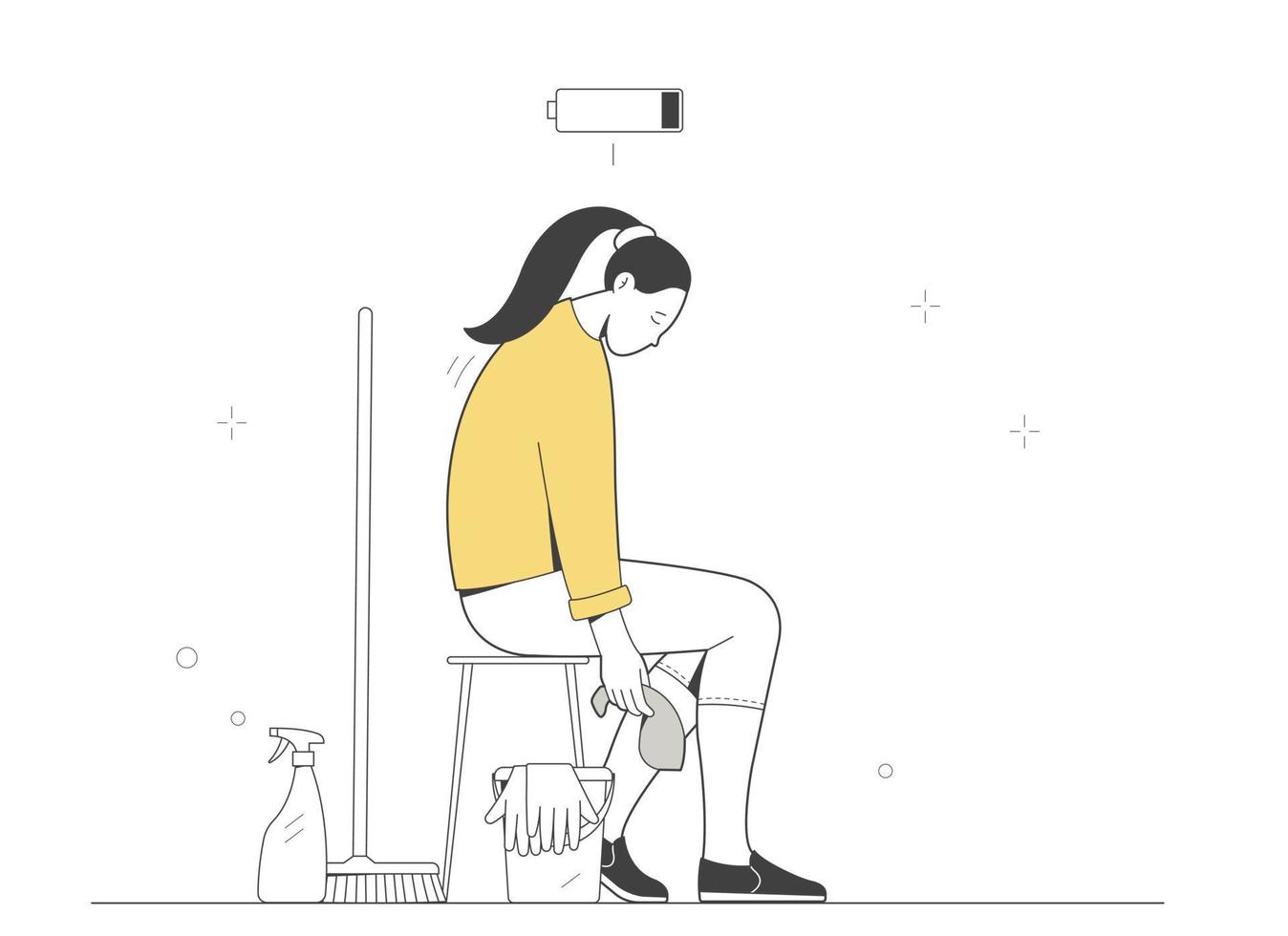 Sad tired housewife. Woman tired of household chores. Exhausted girl with a mop is sitting on a stool, she is without strength and energy vector