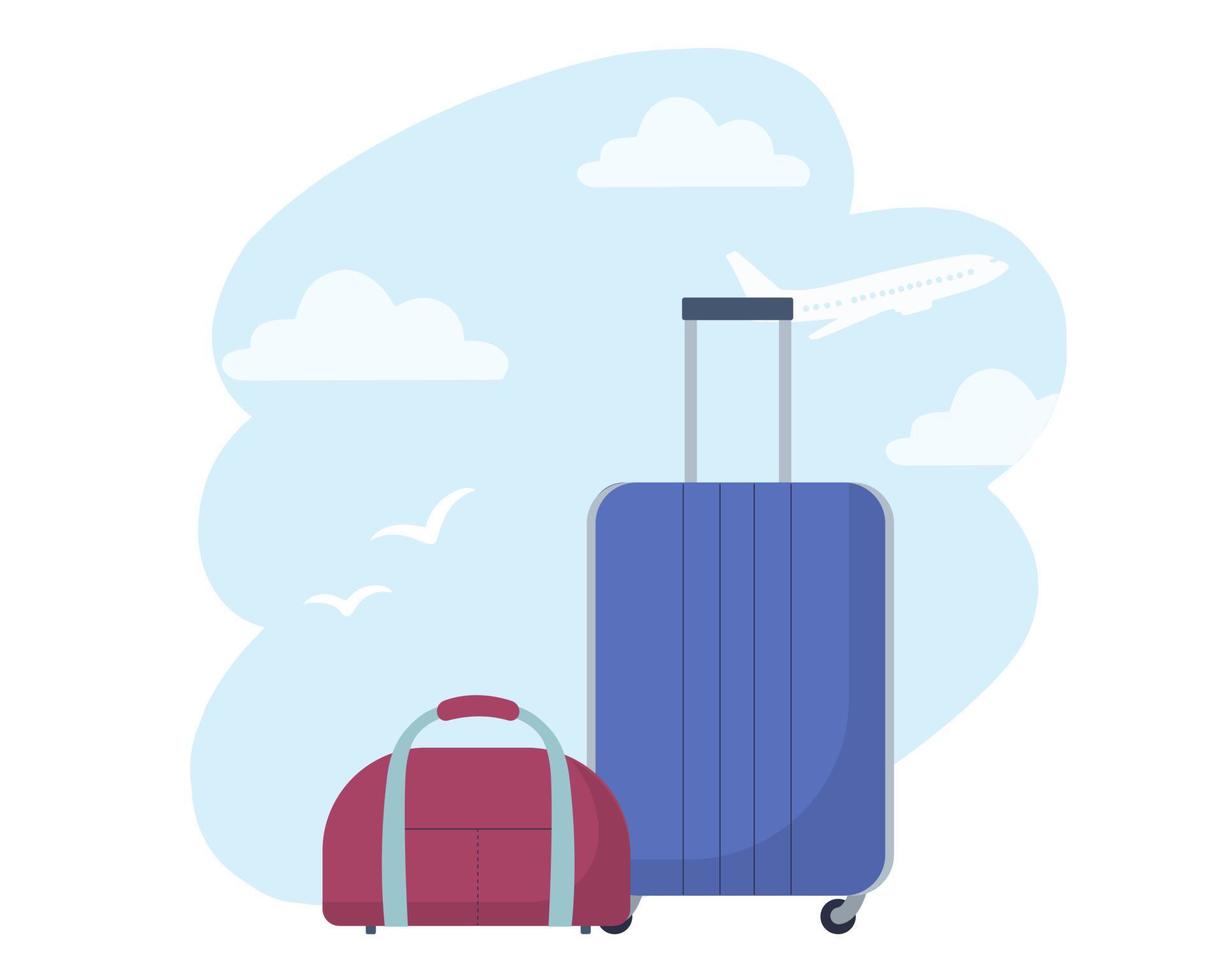 Luggage, suitcase and bag on background of sky and plane. Concept of travel vector