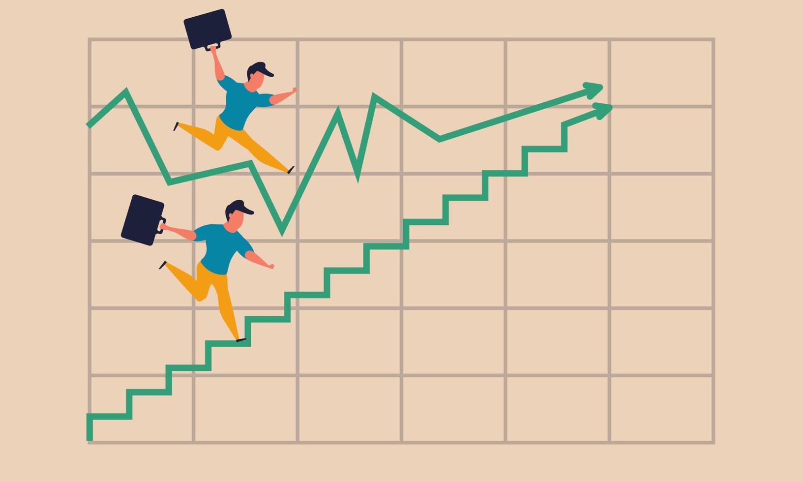 Graph climbing smooth and business stairs motivation to man. Forward diagram way and progress people vector illustration concept. Businessman career challenge on chart and climb leadership to invest