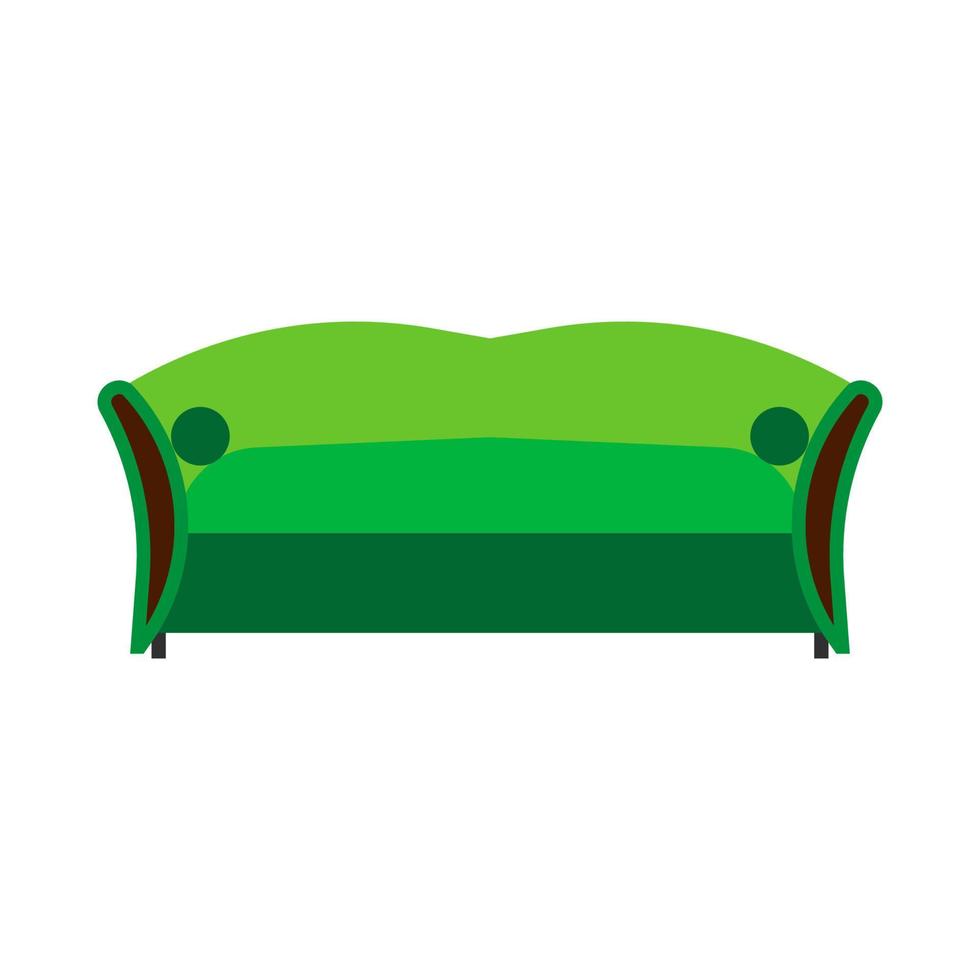 Sofa green front view vector flat icon. Comfortable room couch intrerior furniture concept. Indoor soft bed