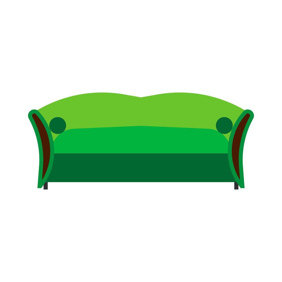 Sofa green front view vector flat icon. Comfortable room couch intrerior furniture concept. Indoor soft bed