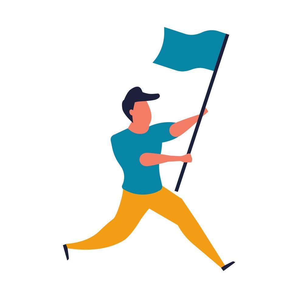 Man run with flag vector illustration. Person male running and runner competition concept. Business cartoon design businessman athlete and success leadership victory. Winner adult indian character
