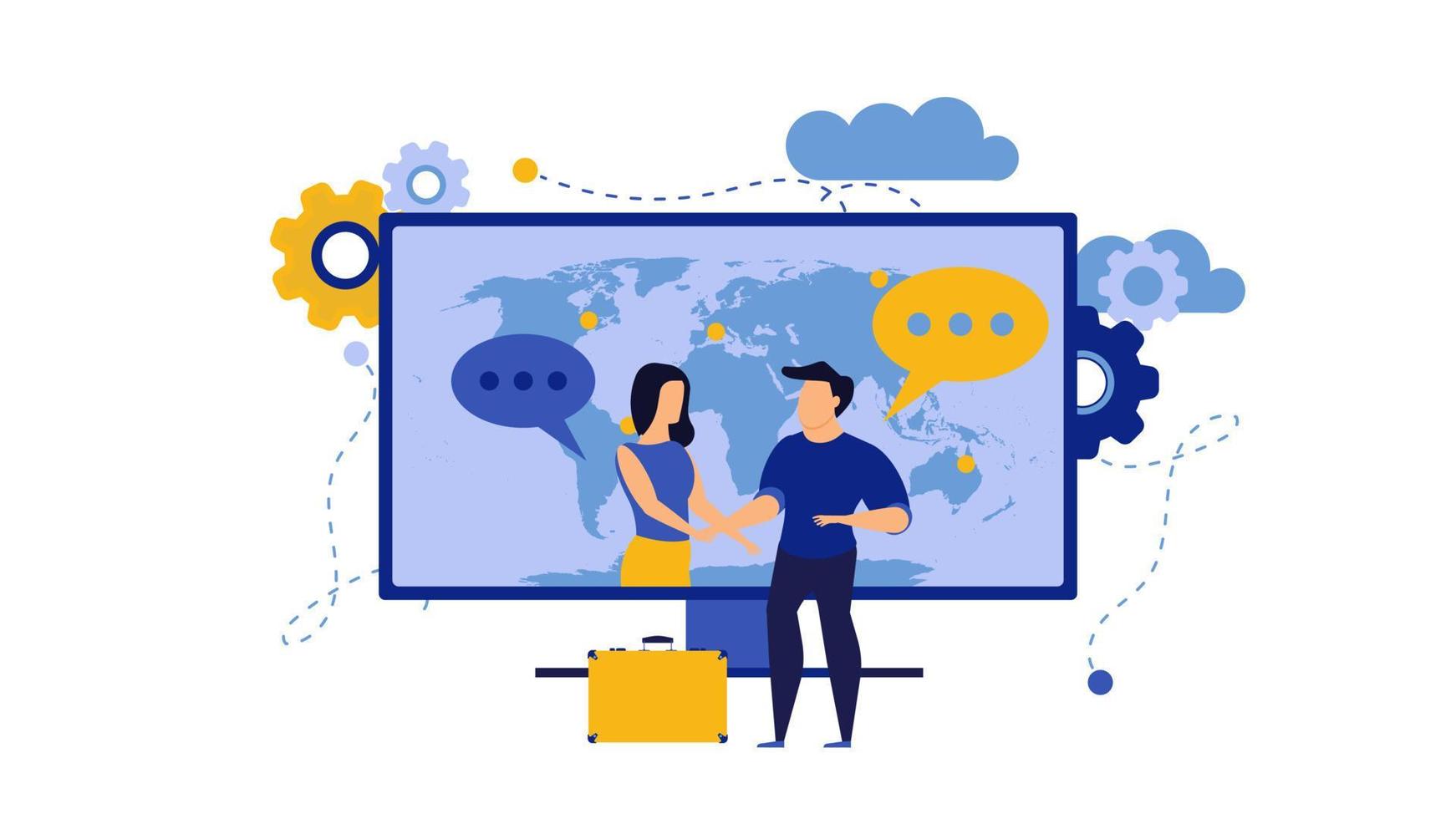 Business trust vector illustration with man and woman. Internet computer partnership businessman teamwork deal. Success partner agreement contract. Handshake cooperation job background. Investor agree