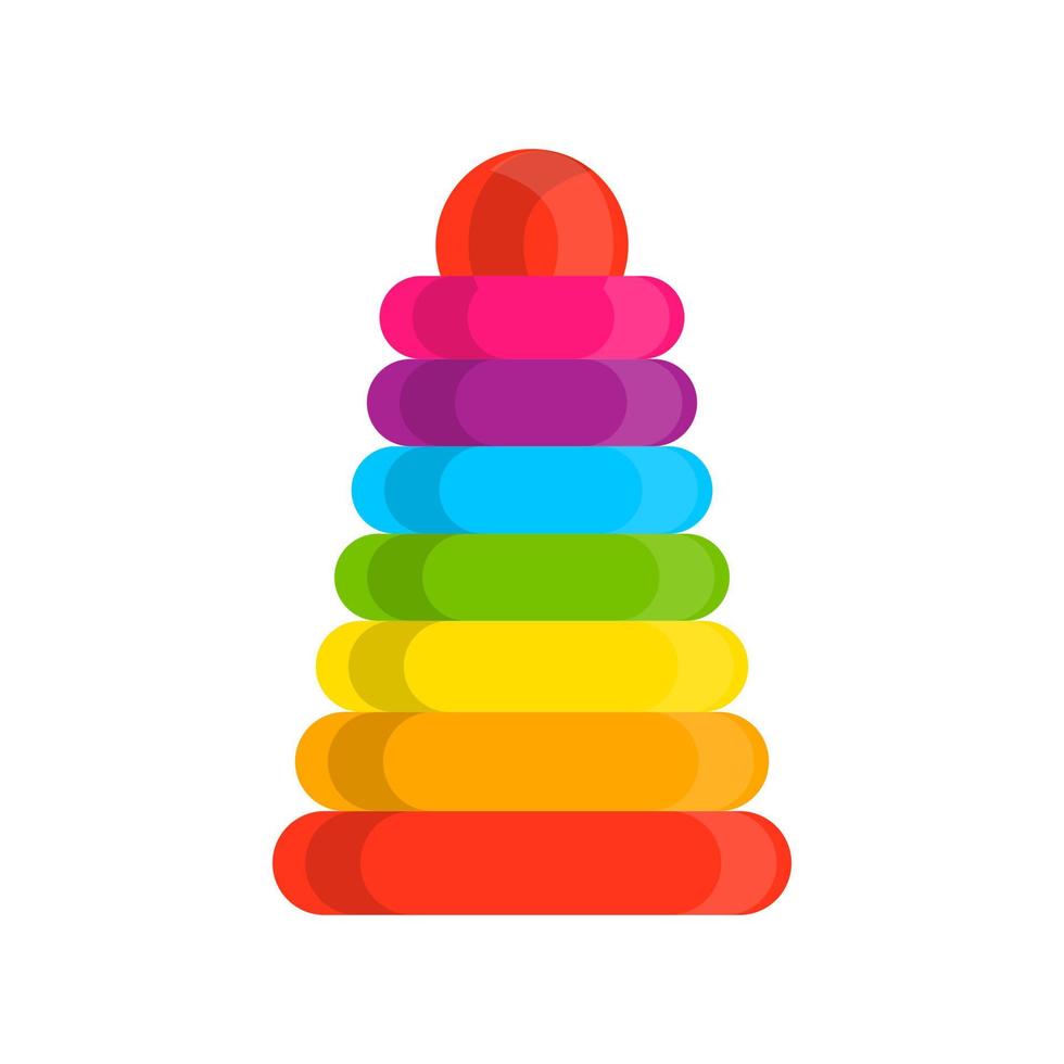 Ring stacker wooden toy rainbow pyramid vector icon. Educational visual baby assembled building tower illustration