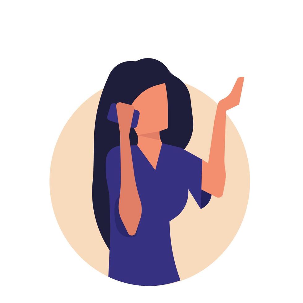 mujer con icono de tecnología de ilustración de vector de teléfono. negocio móvil y comunicación carácter femenino. llamada de empresaria en dispositivo y red parlante. teléfono móvil de trabajo y conversación feliz humana