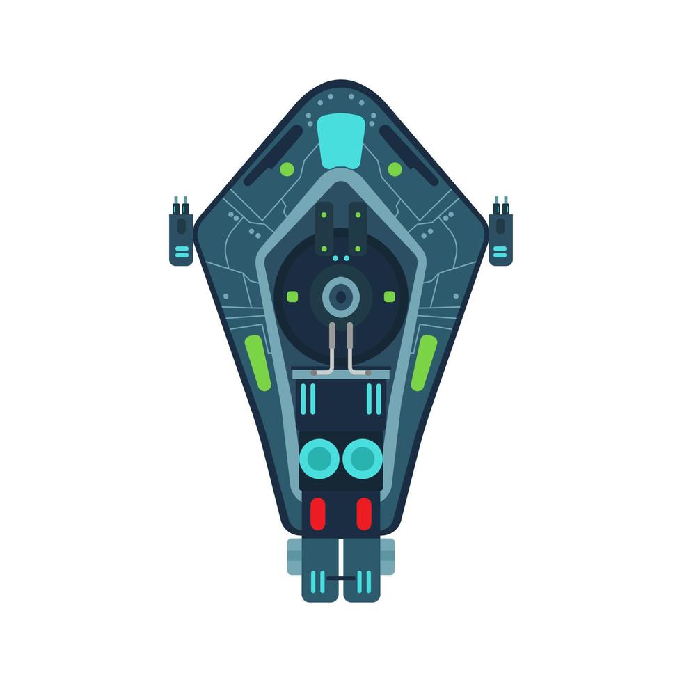 Space ship top view vector icon rocket technology shuttle. Cartoon future UFO galaxy cosmos. Fantasy alien orbit booster