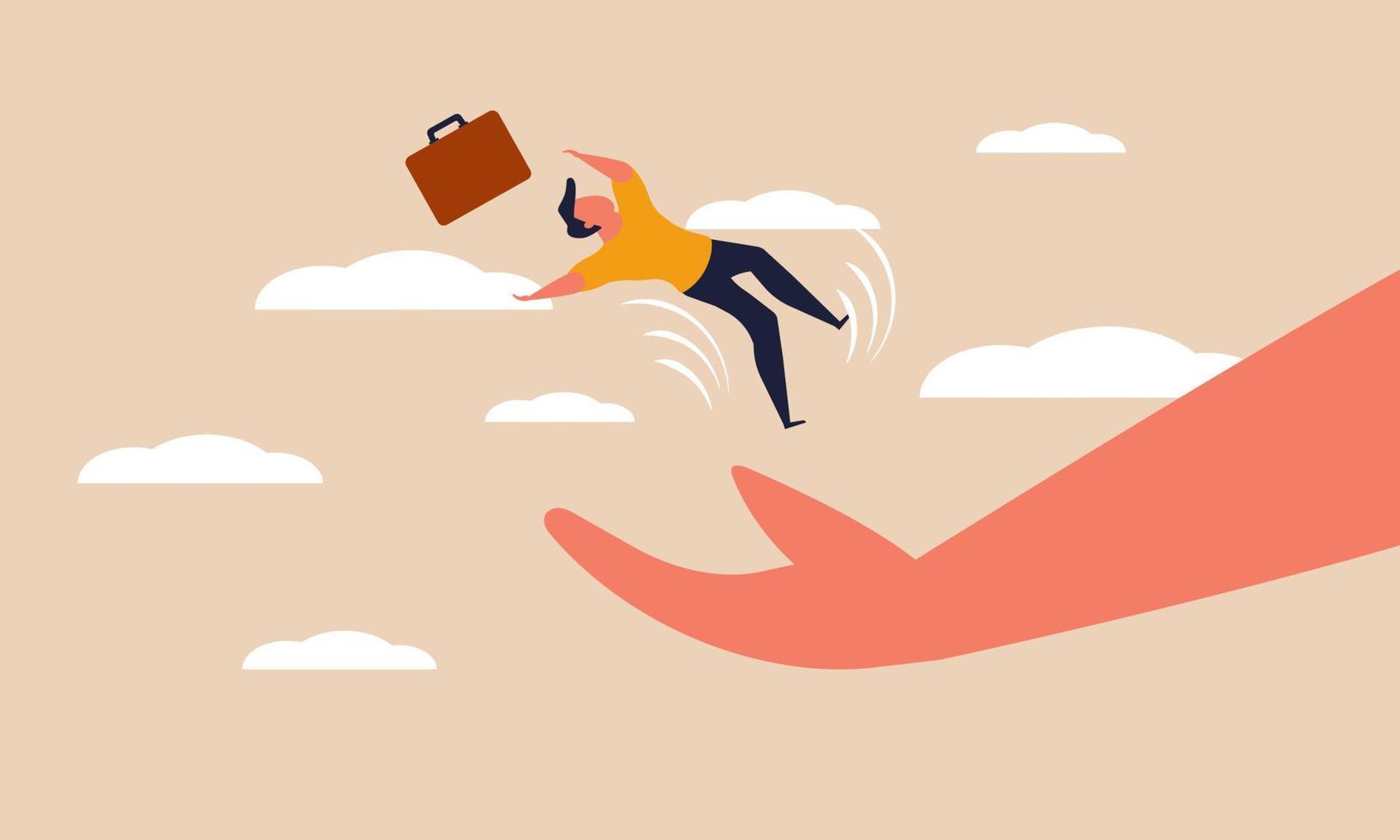 Help crisis with hand trust and entrepreneur fall. People downfall and money problems protection vector illustration concept. Finance growth leadership and rescue business with assistance investment