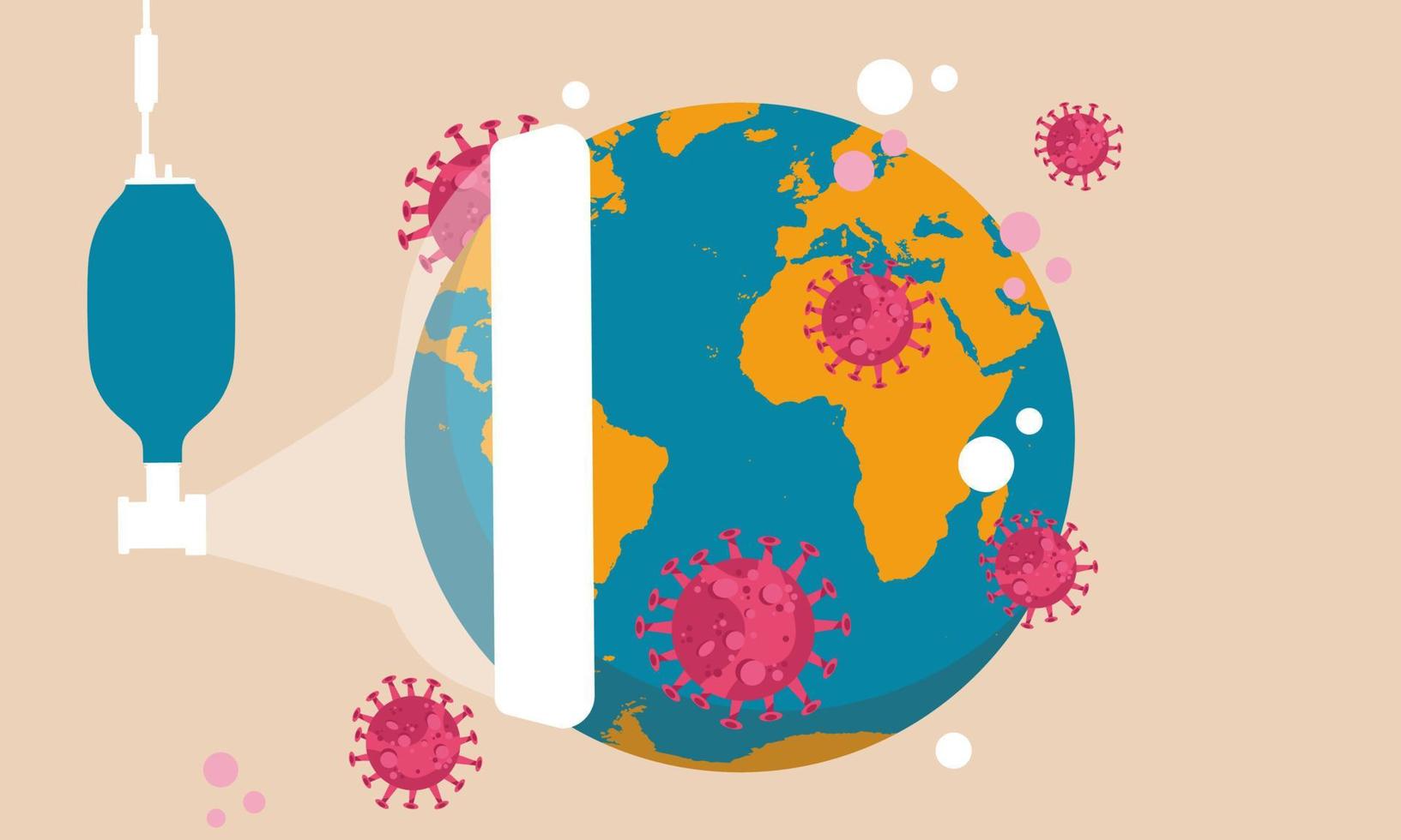 Globe map Earth with medical mask covid virus concept. Coronavirus critical epidemic health infection vector illustration. Warning biohazard virology bacterium planet. Risk covid 19 global